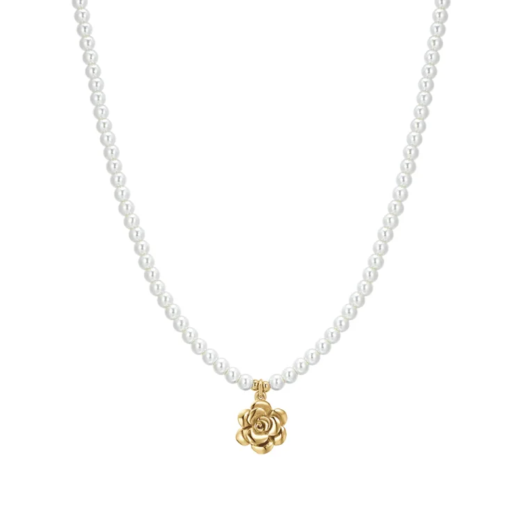 WOMEN'S NECKLACE WITH WHITE PEARLS AND A GOLD-PLATED STEEL ROSE 