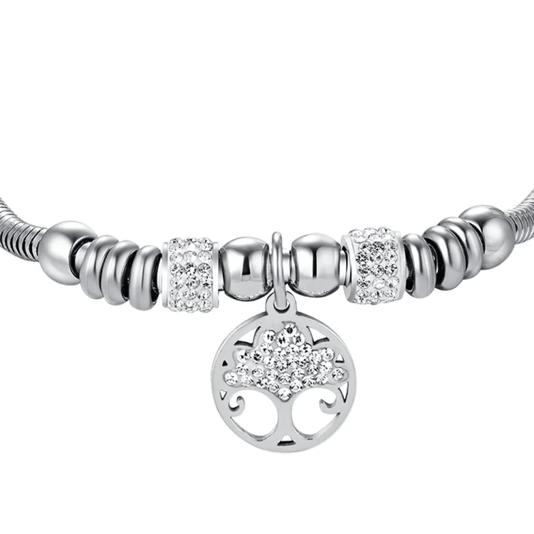 STEEL WOMEN'S TREE OF LIFE BRACELET WITH WHITE CRYSTALS