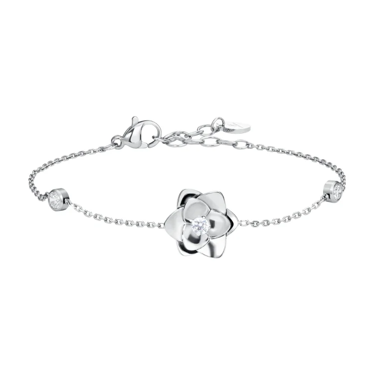 WOMEN'S STAINLESS STEEL BRACELET WITH FLOWER AND WHITE ZIRCONS
